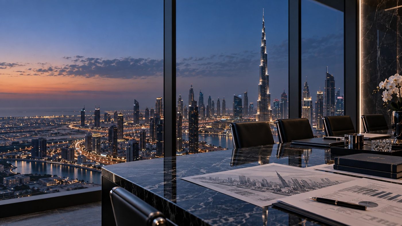 Le Burj Khalifa et le centre de Dubaï au crépuscule